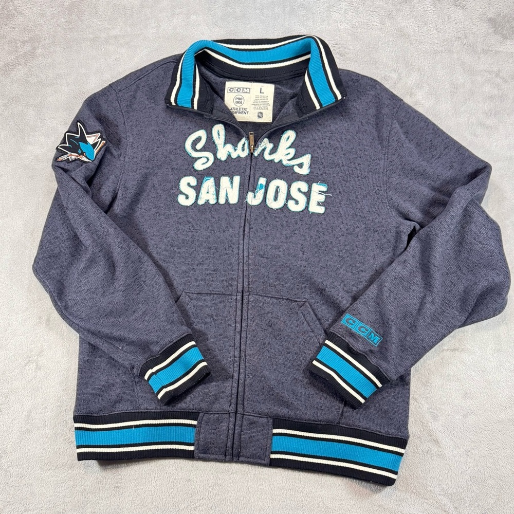 Men's CCM San Jose Sharks NHL Full Zip Fleece Track Jacket Gray Size L🔥